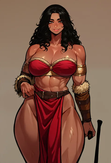 (score_9, score_8_up, seductive face, seductive expression),  hyborean woman, warrior, barbarian, bronze skin, long curly black hair, hazel eyes, eyeliner, tall, amazonian, toned, fur bandeau bra, pelvic curtain, full lips, smile, feminine, wide hips, mass...