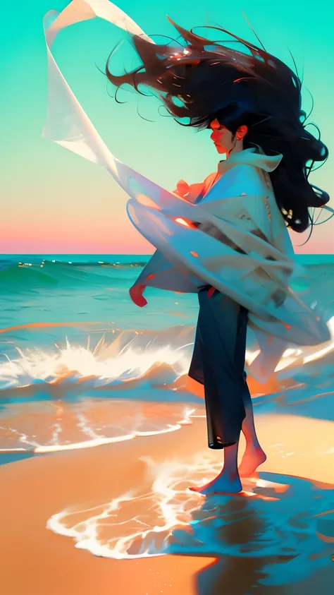 male、 black hair、hair blowing in the wind 、 sandy beach、sandy beach、water&#39;s edge、sunset