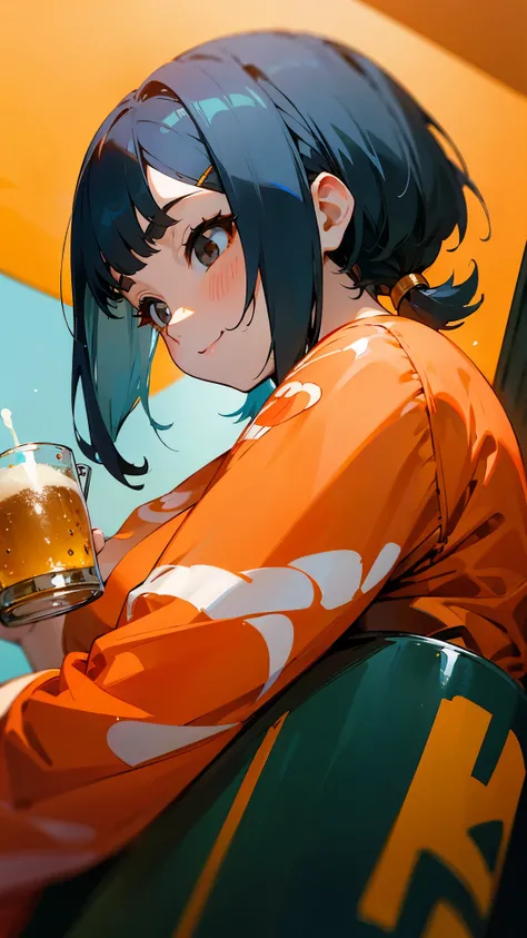 One girl、Anime Paintings、cute shrimp lady 、Beautiful brown and jet black eyes、Light blue hair、Bob Hairstyle、 orange hair clip、smile、From the side、 upper body close-up 、Beer mug、Drink draft beer、Sharp contours