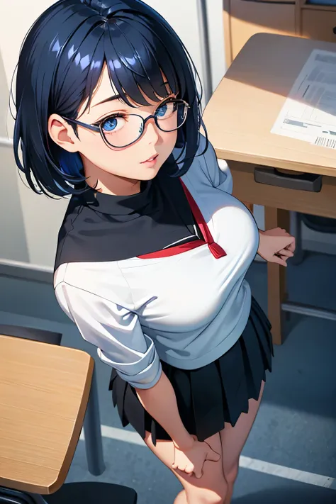 college student、University campus、class、college student、looking up, From top to bottom,  tilted forward,(from above:1.2),     short hair、    dark blue hair    、straight hair、blows、 Sweep Bangediums black breasts 、perky breasts    、tight、Blue eyes、shiny ski...