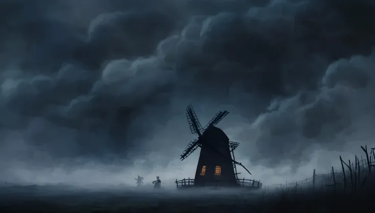 Mill , Night,  the sky is covered with clouds, fog, Night, horror,  windmill 