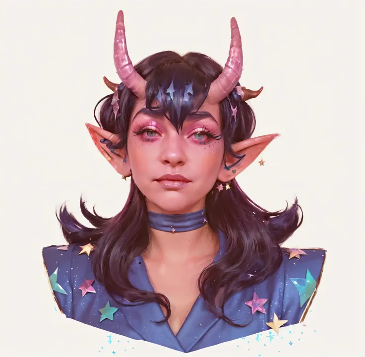 Girl with horns pink skin, wearing a dark blue jacket with glitter and colorfull stars, pink skin, black hair, long horns, succubus, tiefling