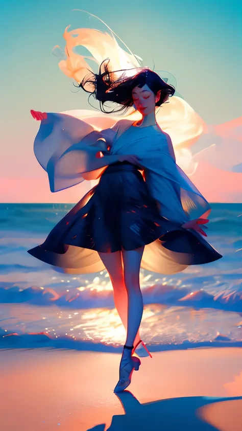 woman、 Black Hair、Hair blowing in the wind 、 dance pose 、Sandy Beach、water&#39;s Edge、sunset