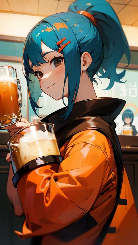 One girl、Anime Paintings、cute shrimp lady 、Beautiful brown and jet black eyes、Light blue hair、Bob Hairstyle、 orange hair clip、smile、From the side、 upper body close-up 、Beer mug、Drink draft beer、Sharp contours