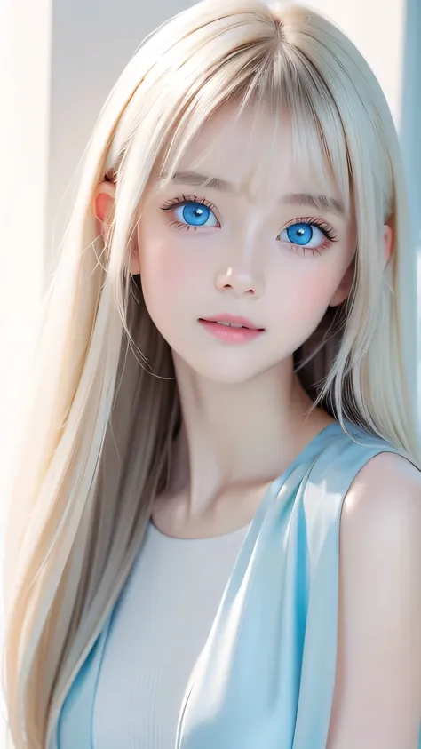 very beautiful face、long bangs fluttering in front of the face 、beautiful mysterious incredibly bright pale light blue eyes hidd...