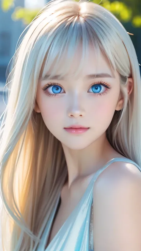 very beautiful face、long bangs fluttering in front of the face 、Beautiful mysterious incredibly bright pale light blue eyes hidden in the hair 、 very cute face and very radiant skin 、Pure white beautiful skin、 very beautiful super bright pale light blue e...