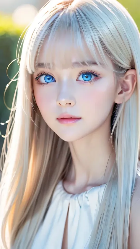 very beautiful face、long bangs fluttering in front of the face 、Beautiful mysterious incredibly bright pale light blue eyes hidden in the hair 、 very cute face and very radiant skin 、Pure white beautiful skin、 very beautiful super bright pale light blue e...