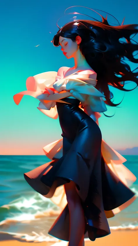 woman、 Black Hair、Hair blowing in the wind 、Flamenco poses、Sandy Beach、water&#39;s Edge、sunset