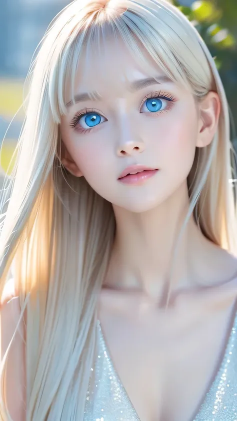 very beautiful face、long bangs fluttering in front of the face 、beautiful mysterious incredibly bright pale light blue eyes hidd...