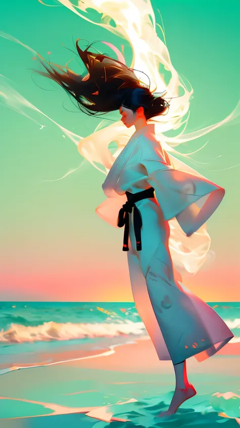 woman、 Black Hair、Hair blowing in the wind 、Karate pose、Sandy Beach、water&#39;s Edge、sunset