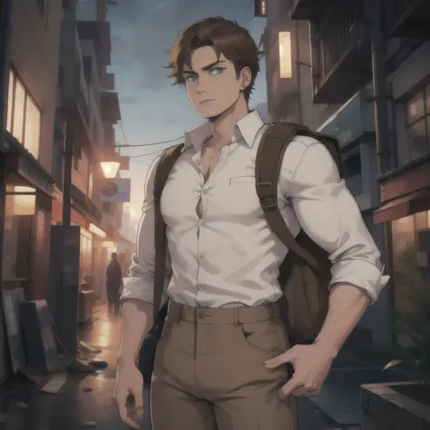 1man survivor, brown hair, blue eye pupils, white shirt, brown pants, wounded, hurt, earrings, strong, bandage, backpack, city destroyed, nighttime