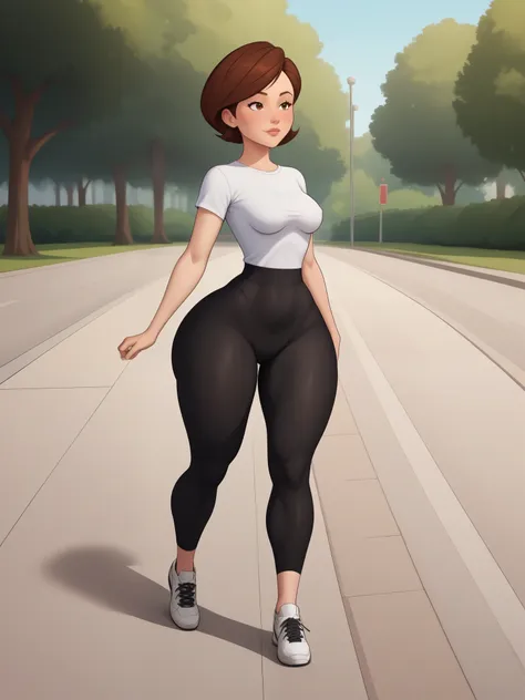 helen parr. narrow waist. small sagging breasts. huge hips and buttocks. brown hair . the average square. a white t-shirt. black...