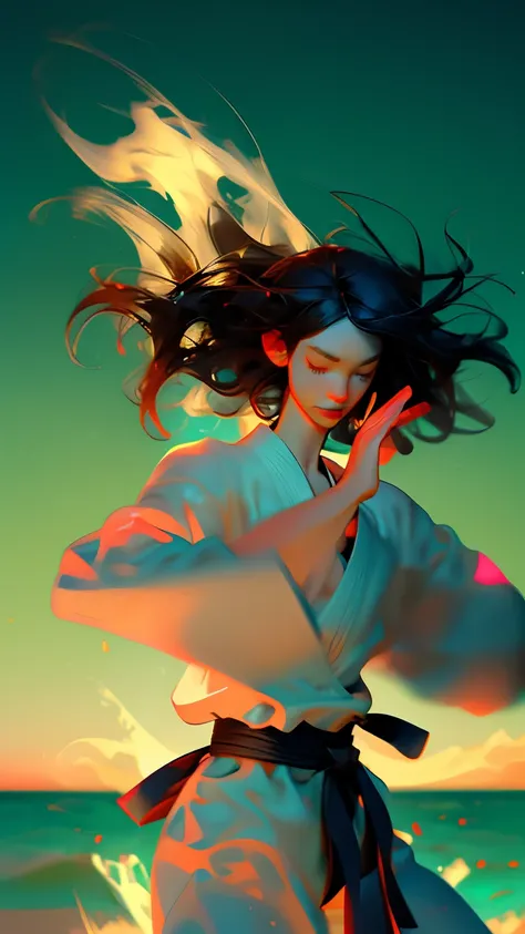 woman、 Black Hair、Hair blowing in the wind 、Karate type pose、Afterimage、Sandy Beach、water&#39;s Edge、sunset