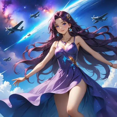 Masterpiece, 4K, HDR, full HD, (best quality), (ultra detailed), (only), intricate ANIME TYPE, best quality, 1girl, deep purple hair , hyper beautiful face, purple hair, perfect anatomy, shiny skin, full body, alone (shiny purple hair, long hair), looking ...