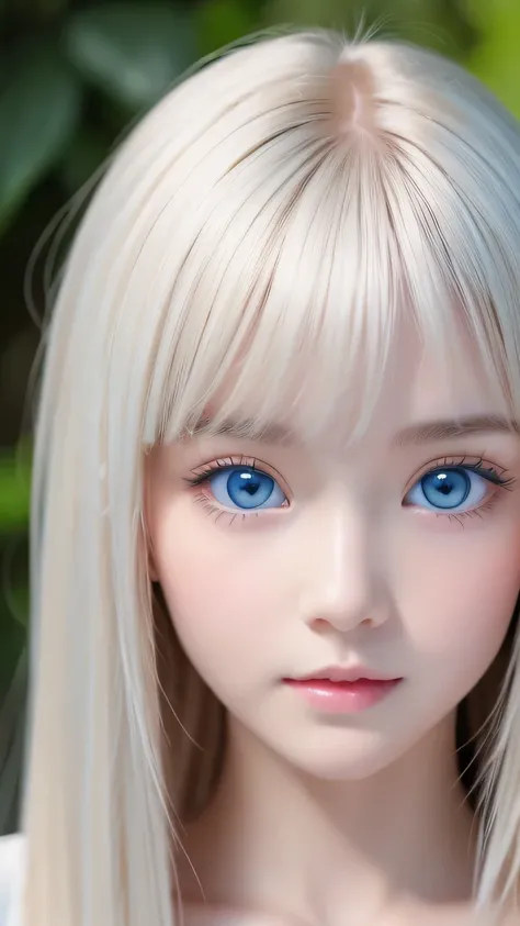 very beautiful face、long bangs fluttering in front of the face 、Beautiful mysterious incredibly bright pale light blue eyes hidden in the hair 、 very cute face and very radiant skin 、Pure white beautiful skin、 very beautiful super bright pale light blue e...