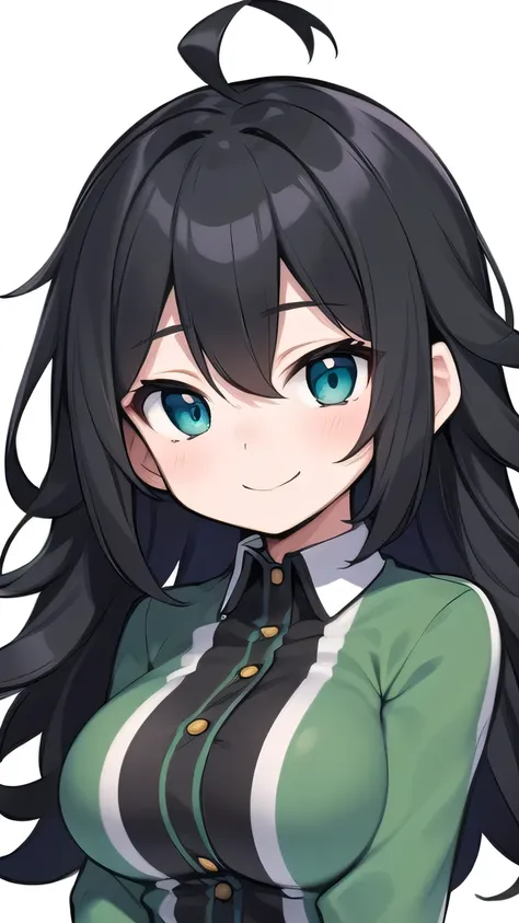 Junior high school student who looks like an elementary school student, , very short, 140 cm tall, black hair with a slight green tinge, short ahoge, beautiful long hair but with a little hair sticking out, beautiful round eyes, blue eyes, smile, boyish, b...