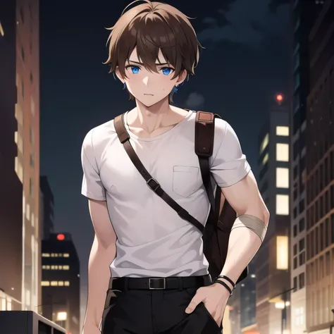 1man survivor, brown hair, blue eye pupils, white shirt, brown pants, wounded, hurt, earrings, strong, bandage, backpack, city destroyed, nighttime