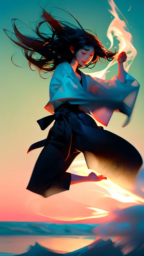 woman、 Black Hair、Hair blowing in the wind 、Karate upper kick pose、Afterimage、Sandy Beach、water&#39;s Edge、sunset