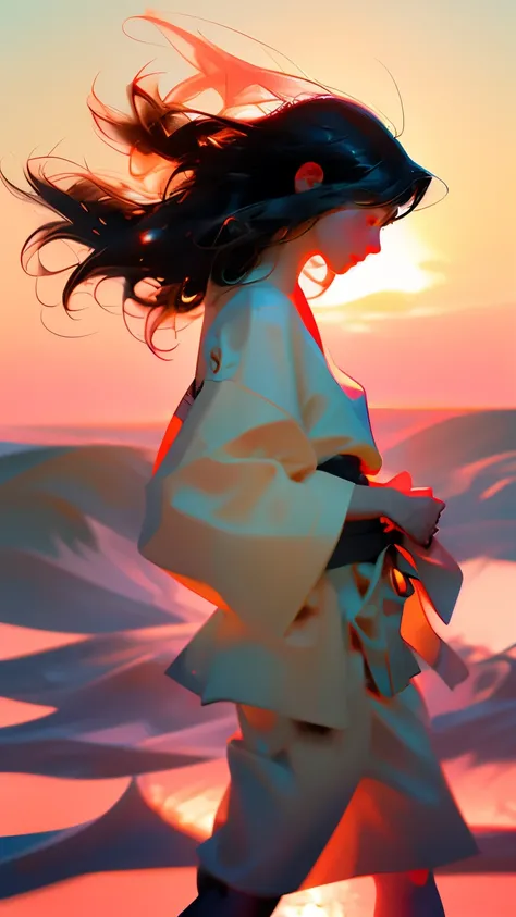 woman、 Black Hair、Hair blowing in the wind 、Karate Jeong-Fist Pose、Afterimage、Sandy Beach、water&#39;s Edge、sunset