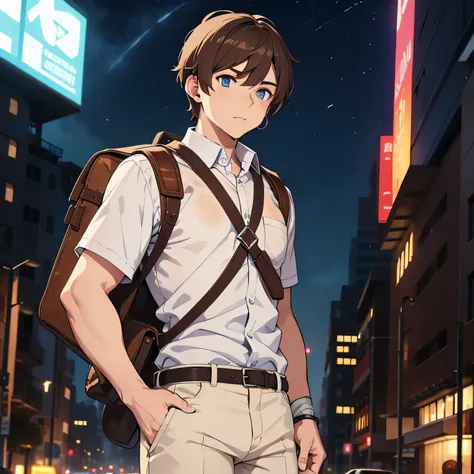 1man survivor, brown hair, blue eye pupils, white shirt, brown pants, wounded, hurt, earrings, strong, bandage, backpack, city destroyed, nighttime