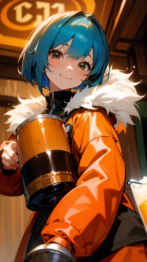 One girl、Anime Paintings、cute shrimp lady 、fur-fringed jacket、Beautiful brown and jet black eyes、Light blue hair、Bob Hairstyle、 orange hair clip、smile、 upper body close-up 、Beer mug、Drink draft beer、Sharp contours