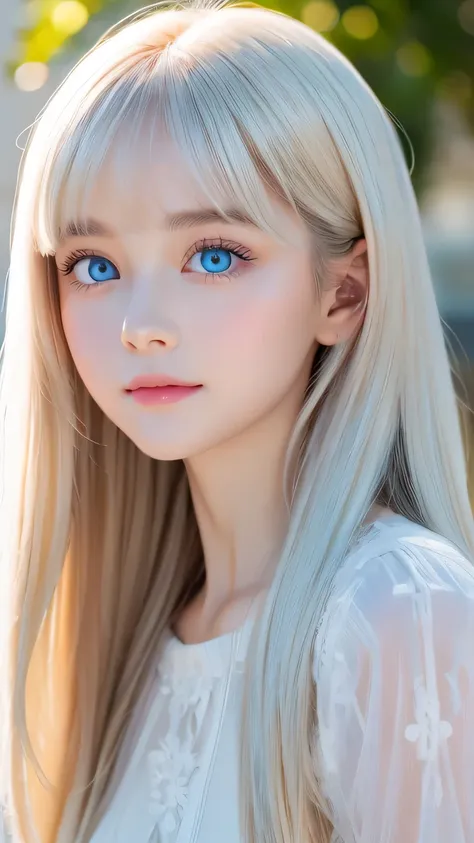 very beautiful face、long bangs fluttering in front of the face 、beautiful mysterious incredibly bright pale light blue eyes hidd...