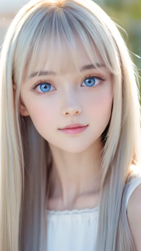 very beautiful face、long bangs fluttering in front of the face 、Beautiful mysterious incredibly bright pale light blue eyes hidden in the hair 、 very cute face and very radiant skin 、Pure white beautiful skin、 very beautiful super bright pale light blue e...