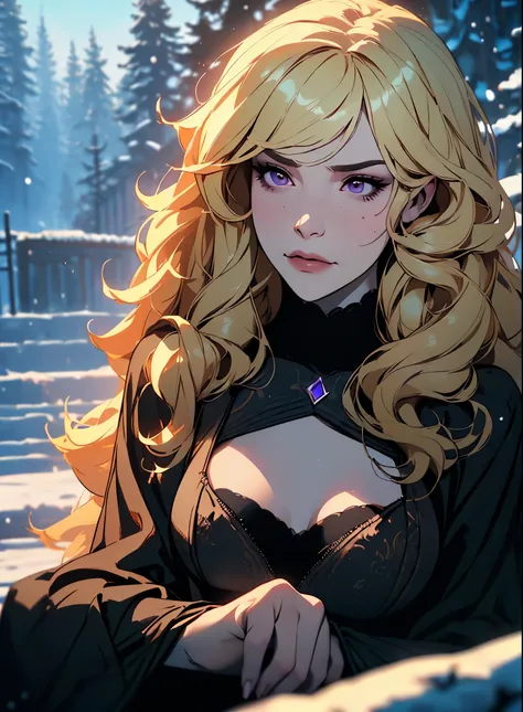 (Intense focus:1.2), picture, Attractive young woman, (Beautiful Face:1.1), Detailed eyes, luscious lips, (Smokey eye makeup:0.85), purple eyes, (Medium breast:1.0), (Athletic body:1.2), (curly hair:1.2), She wears (Maxi black dress:1.2) on (slope:1.2). ((...