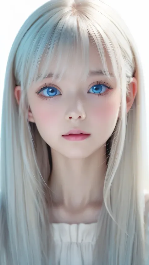 very beautiful face、long bangs fluttering in front of the face 、Beautiful mysterious incredibly bright pale light blue eyes hidden in the hair 、 very cute face and very radiant skin 、Pure white beautiful skin、 very beautiful super bright pale light blue e...
