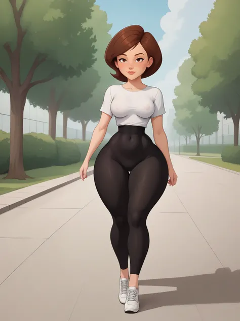 Helen Parr. narrow waist. small sagging breasts. huge hips and buttocks. brown hair . the average square. a white T-shirt. black leggings. ballet shoes. park. walking.