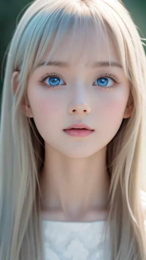 very beautiful face、long bangs fluttering in front of the face 、Beautiful mysterious incredibly bright pale light blue eyes hidden in the hair 、 very cute face and very radiant skin 、Pure white beautiful skin、 very beautiful super bright pale light blue e...
