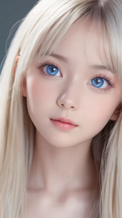 very beautiful face、long bangs fluttering in front of the face 、Beautiful mysterious incredibly bright pale light blue eyes hidden in the hair 、 very cute face and very radiant skin 、Pure white beautiful skin、 very beautiful super bright pale light blue e...