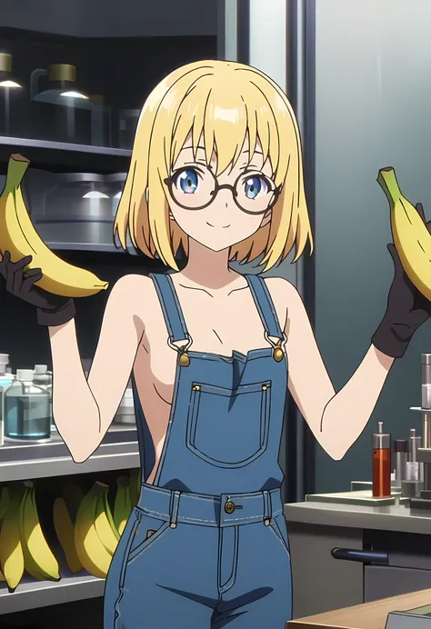 A girl, thin and small, small breasts, yellow hair, wearing denim overalls, no shirt, no bra, wearing black gloves, black shoes, and round glasses,holding a banana, smiling, detailed face,best quality,in a laboratory background,anime screenshot style 