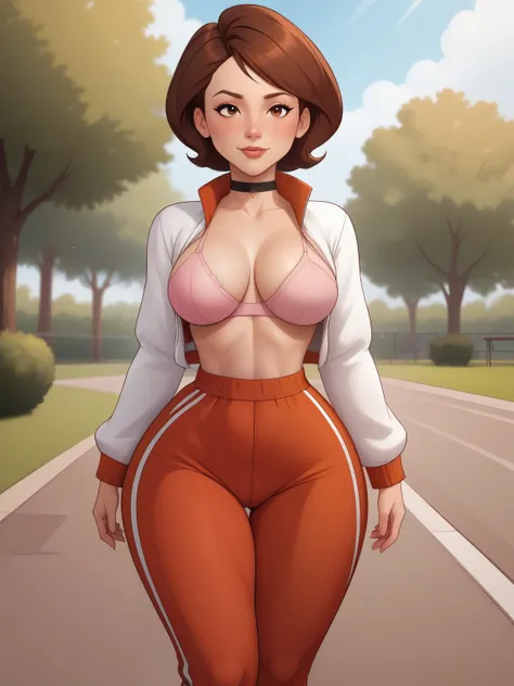 Helen Parr. choker. narrow waist. small sagging breasts. huge hips. brown hair . the average square. bra. tracksuit. park. gymnastic.