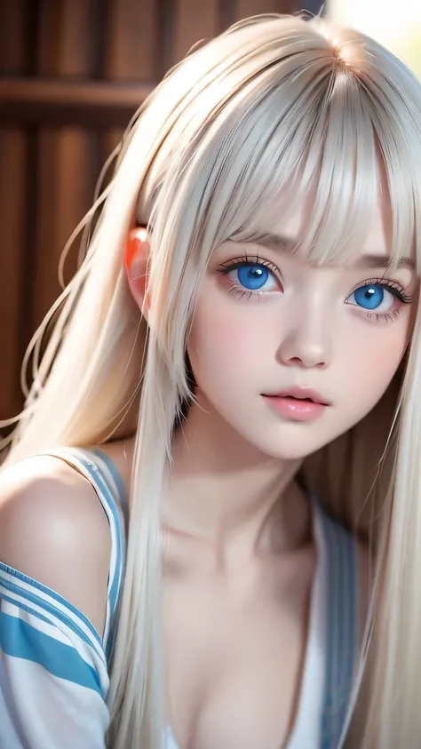 a girl with a beautiful cute face ,beautiful natural platinum blonde hair,Half Body Shot,Beautiful long bangs, beautiful cute bangs between the eyes ,Striped Hair,Round face、 very bright pale light blue eyes that shine so beautifully 、Big Eyes、Pure white ...