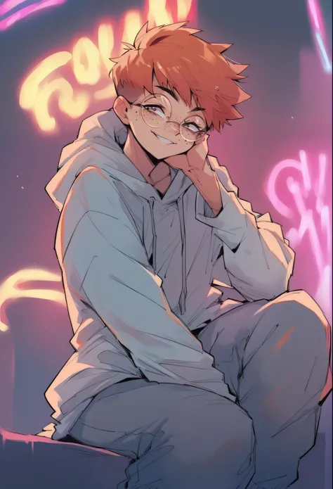 score_9, score_8_up, score_7_up, score_6_up, score_5_up, score_4_up, source_anime, 1girl, tomboy, round glasses, pixie cut, hoodie, sweatpants, sitting, neon light, neon lighting, smile, freckles, orange hair