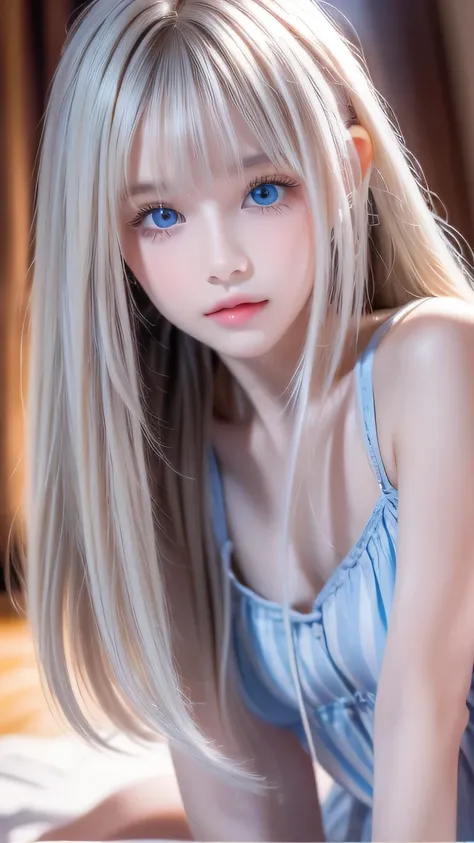 a girl with a beautiful cute face ,beautiful natural platinum blonde hair,Half Body Shot,Beautiful long bangs, beautiful cute bangs between the eyes ,Striped Hair,Round face、Big, incredibly bright, pale light blue eyes that shine so beautifully、Large ligh...