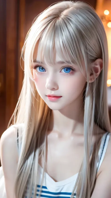 a girl with a beautiful cute face ,beautiful natural platinum blonde hair,half body shot,beautiful long bangs, beautiful cute ba...