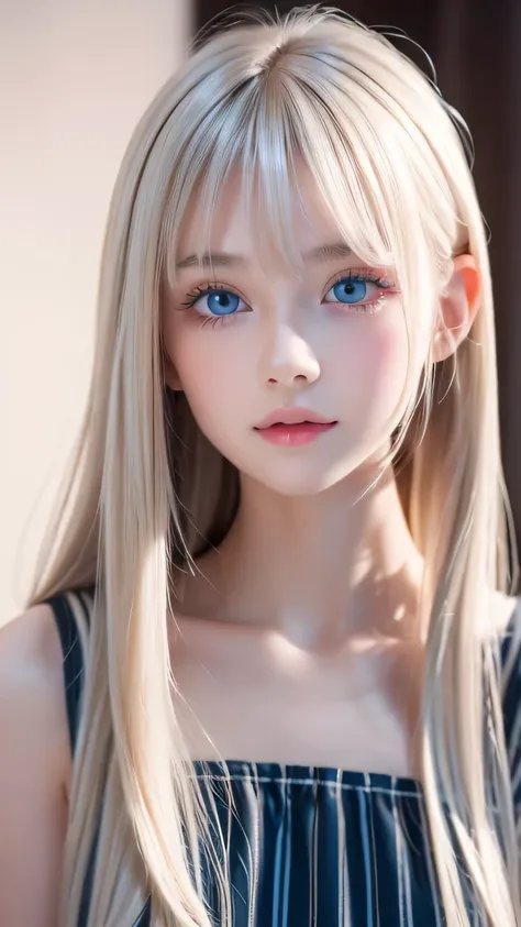 a girl with a beautiful cute face ,beautiful natural platinum blonde hair,half body shot,beautiful long bangs, beautiful cute ba...