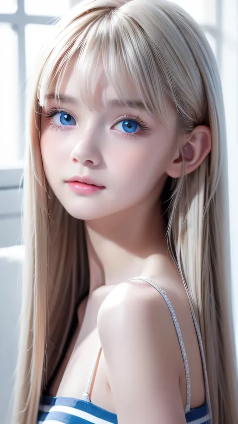 a girl with a beautiful cute face ,beautiful natural platinum blonde hair,Half Body Shot,Beautiful long bangs, beautiful cute bangs between the eyes ,Striped Hair,Round face、Big, incredibly bright, pale light blue eyes that shine so beautifully、Large ligh...