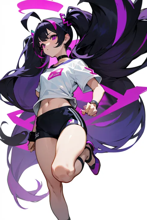 Roca,1girl, solo, long hair, black hair, purple hair, multicolored hair, purple eyes, twintails, hair ornament, ahoge, choker, black choker, streaked hair, very long hair, small breasts,white background,gym uniform, blue shorts, white shirt, high heels,bla...