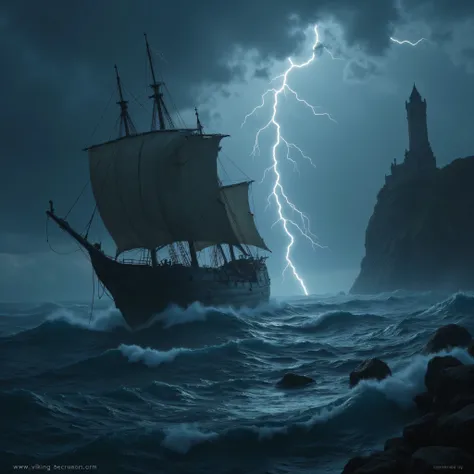 a Viking ship with torn sails , without a crew in a stormy sea at night, with lots of waves and thunder , near an ancient tower on a cliff