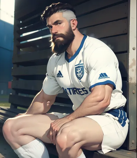 male white 40yo hairy soccer player, cum all over body, beard, sweaty, dark hair, white soccer socks with logo, grey underwear, shirtless, 