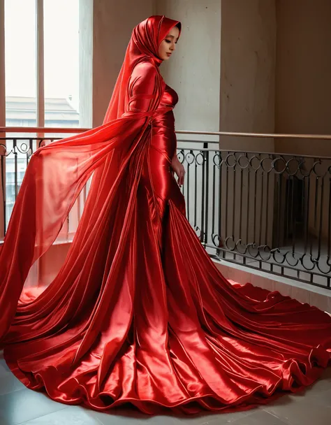 A woman shrouded in a 10-meter-long, plush red semi transparent satin shimmer cloth, tightly bound and grandly draping along the form of her body, poof style on the bottom outfit, flowing off into a pooled floor-length train, styled in a mermaid-inspired o...