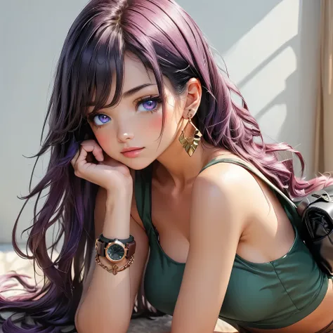 Masterpiece, 4K, HDR, full HD, (best quality), (ultra detailed), (only), intricate ANIME TYPE, best quality, 1girl, deep purple hair , hyper beautiful face, purple hair, perfect anatomy, shiny skin, full body, alone (shiny purple hair, long hair), looking ...