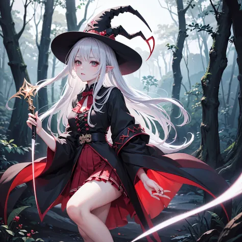 (masterpiece),  best quality, Advanced Details, A Magus girl with white hair holdding a magical Sickle, Witch Hat, Huge horns, Frilled short skirt, Red and black outfit, Sickle, Magic Light, The background is a dark forest