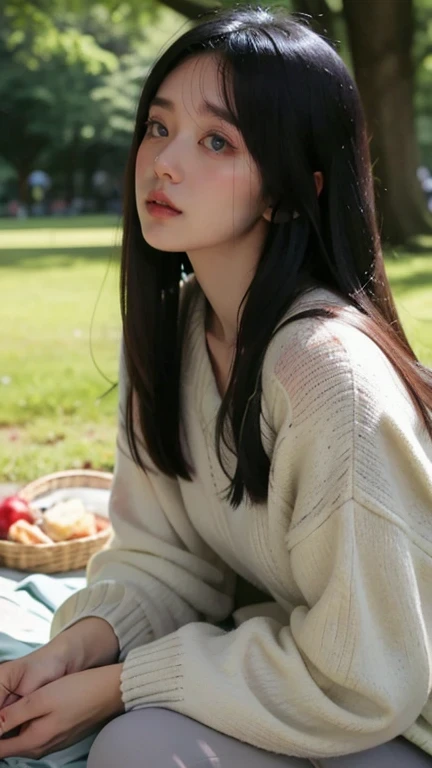 a hyper-realistic 8k resolution CG wallpaper of a woman enjoying a leisurely afternoon at a park. She has long, silver-gray hair that flows lightly in the breeze, wearing a cozy black sweater and comfortable leggings. The woman is seated on a picnic blanke...