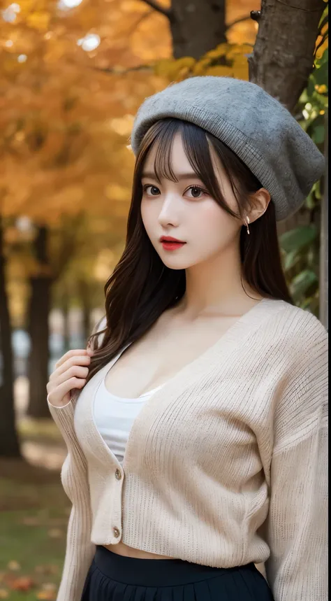 masterpiece,   best quality, shape, Very   Details,   Details, Highest resolution 8k wallpaper,       perfect dynamic composition  ,     beautiful details  ,      natural lips,, , whole body,    cardigan、   long skirt 、beret、  sexy face、Autumn background, ...