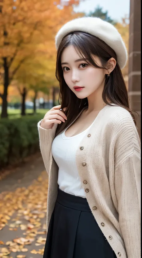 masterpiece,   best quality, shape, Very   Details,   Details, Highest resolution 8k wallpaper,       perfect dynamic composition  ,     beautiful details  ,      natural lips,, , whole body,    cardigan、   long skirt 、beret、  sexy face、Autumn background, ...