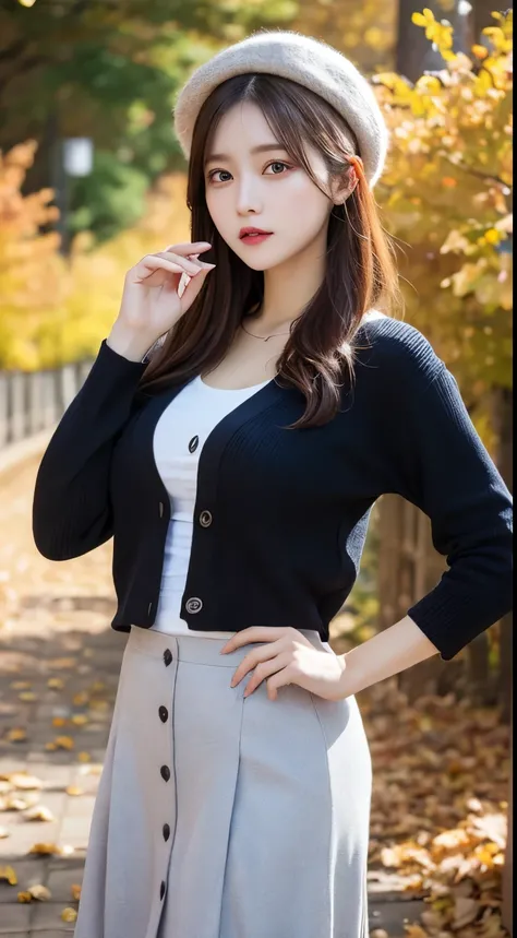 masterpiece,    best quality, shape, Very    Details,    Details, Highest resolution 8k wallpaper,         perfect dynamic composition   ,      beautiful details  ,       natural lips,, , whole body,     cardigan、    long skirt 、beret、   sexy face、Autumn b...